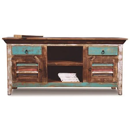 Rustic Console with Louvered Doors and Multi-Color Finish